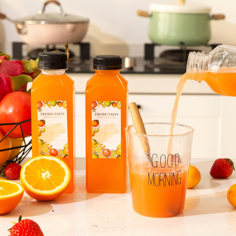 100pcs Plastic Bottles with Caps, 16oz Juice Bottles, with Caps with Black Caps,with Label, Funnel and Brush Beverage Containers for Juicing, Smoothies, Tea, Milk