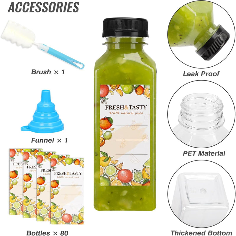 80pcs Juice Bottles, 12oz Reusable Plastic Juice Bottles with Caps and Labels, Funnel, Brush Beverage Containers for Juicing, Smoothies, Tea, Milk