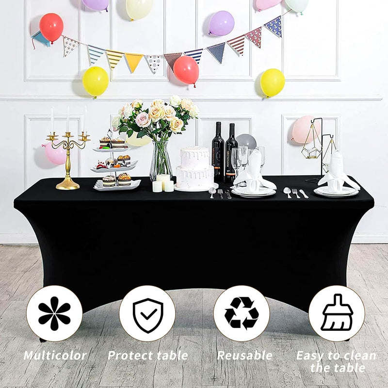 Fixwal 10 Pack 8Ft Black Table Cover, Spandex Fitted Tablecloths Rectangle, Wrinkle-Free and Stretch Folding Table Cloth for Banquet, Wedding, Party, Trade Show