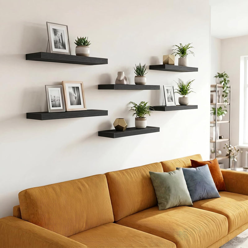 Fixwal Black Shelves, 15.7in Floating Shelves, Farmhouse Shelf Wall Decor for Bathroom, Bedroom, Living and Kitchen Set of 6