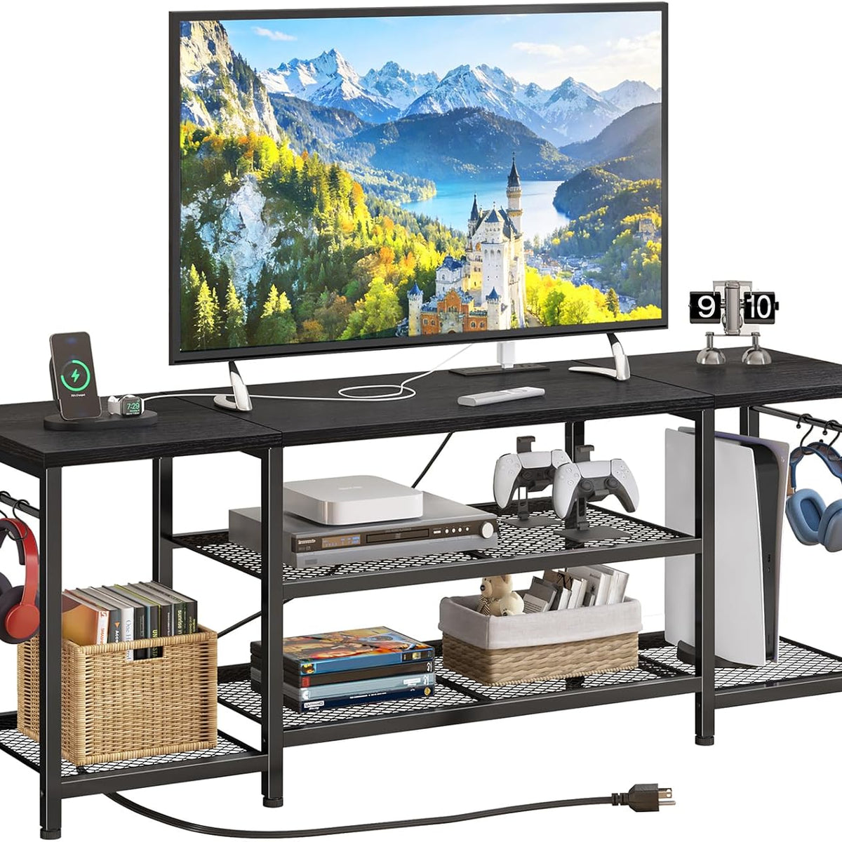 TV Stand for Up to 65 Inch TVs, Entertainment Center with Power Outlet and Open Storage Shelves, TV Media Console Table for Living Room and Bedroom, Black