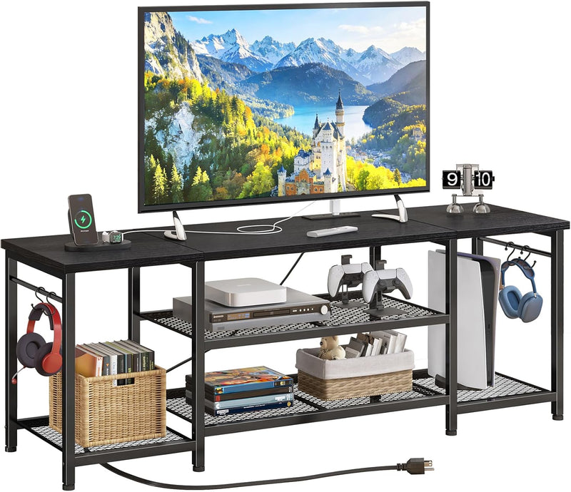 TV Stand for Up to 65 Inch TVs, Entertainment Center with Power Outlet and Open Storage Shelves, TV Media Console Table for Living Room and Bedroom, Black