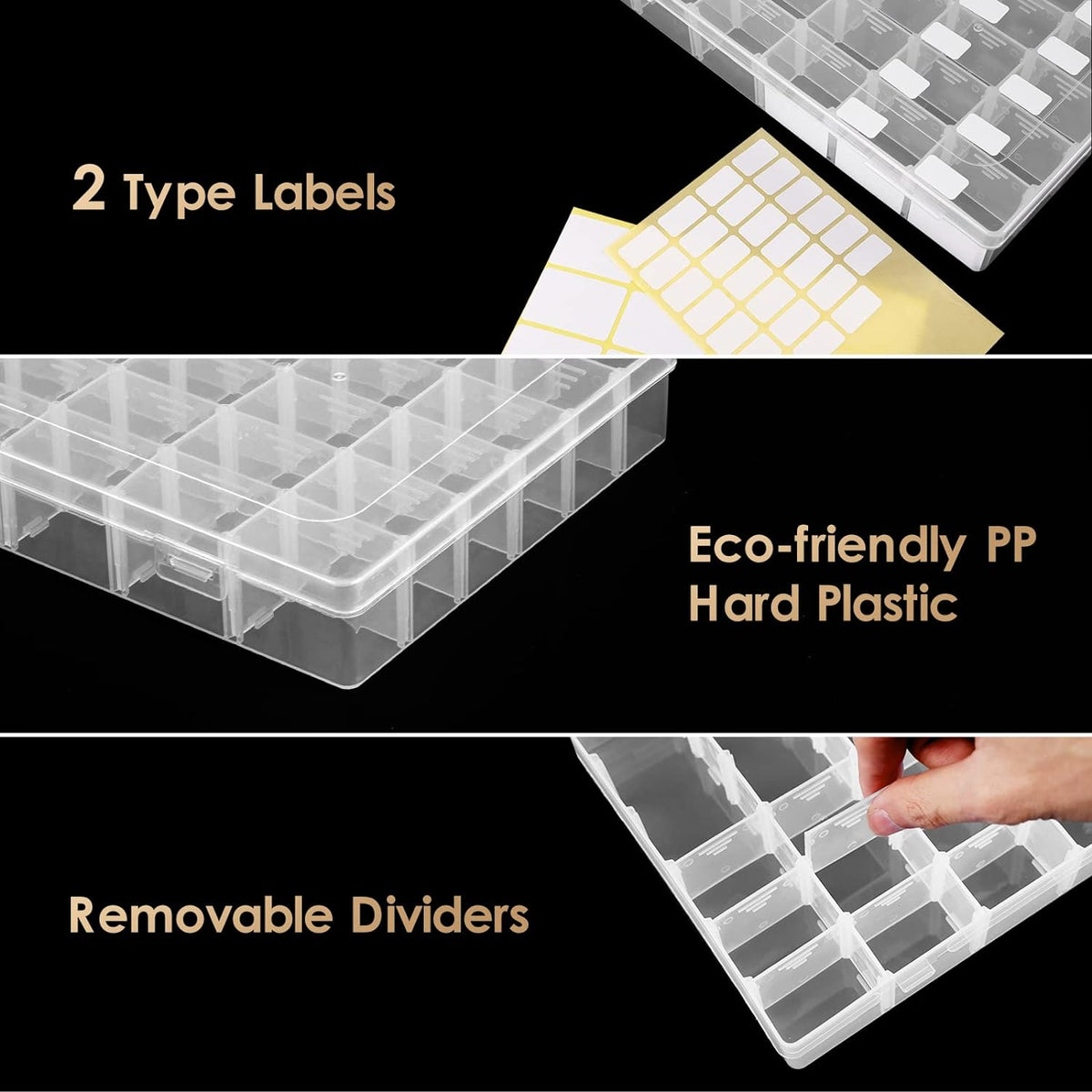 6 Pack 36 Grids Clear Plastic Organizer Storage Box Container, Craft Storage with Adjustable Dividers for Beads, Art DIY, Crafts, Jewelry, Fishing Tackle with Label Stickers