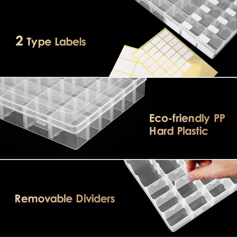 6 Pack 36 Grids Clear Plastic Organizer Storage Box Container, Craft Storage with Adjustable Dividers for Beads, Art DIY, Crafts, Jewelry, Fishing Tackle with Label Stickers