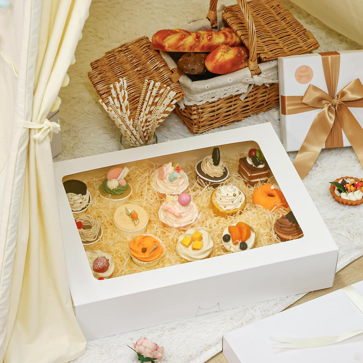 Moretoes 10pcs 19x14x4in Half Sheet Cake Boxes with Window, White Cookie Boxes, for Pastry Baking Cake Donuts Cupcake Pie Packaging, Auto-Popup