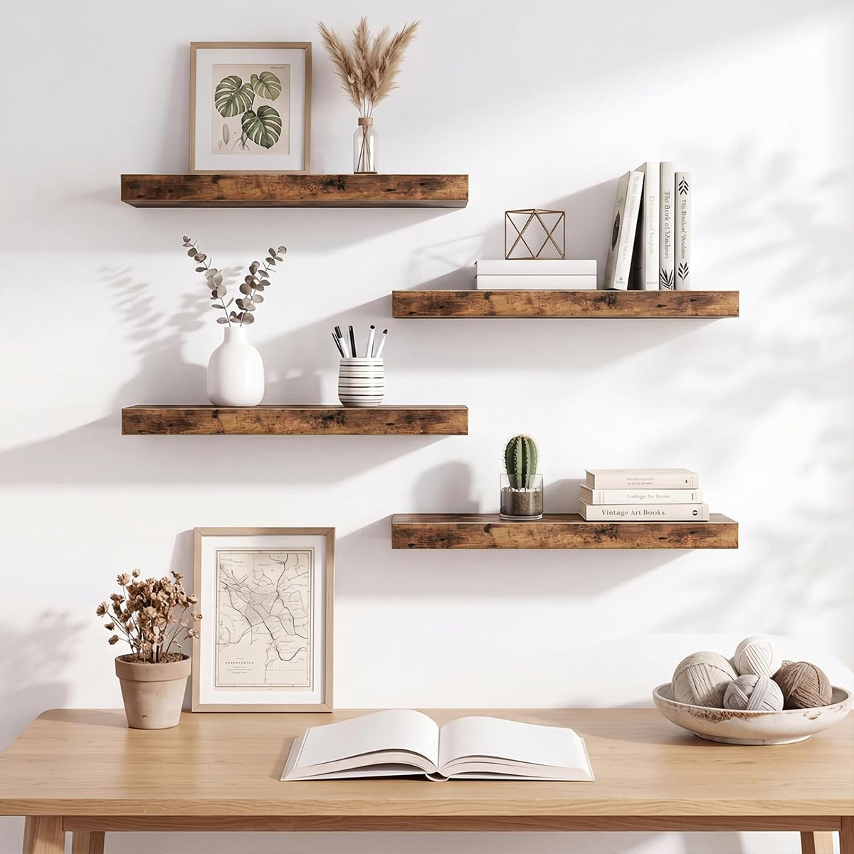 Fixwal Wood Floating Shelves, Wall Shelves Set of 4, Shelves for Wall Decor, with Invisible Brackets for Bathroom, Living Room,Bedroom and Kitchen(15.7in, Rustic Brown)