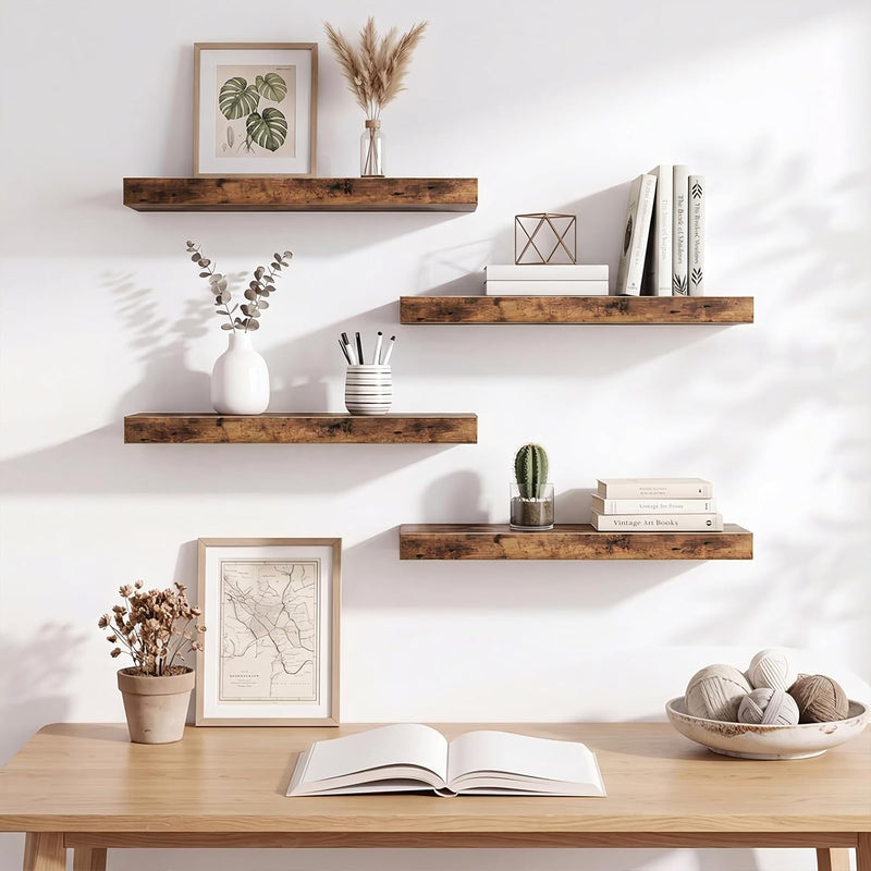 Fixwal Wood Floating Shelves, Wall Shelves Set of 4, Shelves for Wall Decor, with Invisible Brackets for Bathroom, Living Room,Bedroom and Kitchen(15.7in, Rustic Brown)