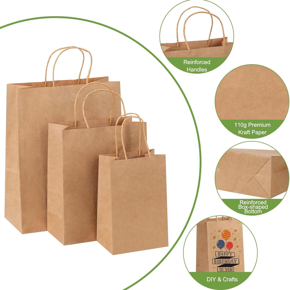 120pcs Paper Bags with Handles Assorted Sizes Kraft Brown Paper Gift Bags Bulk 3 Mixed Sizes for Retail, Party, Birthday, Gift, Shopping, Business, Merchandise