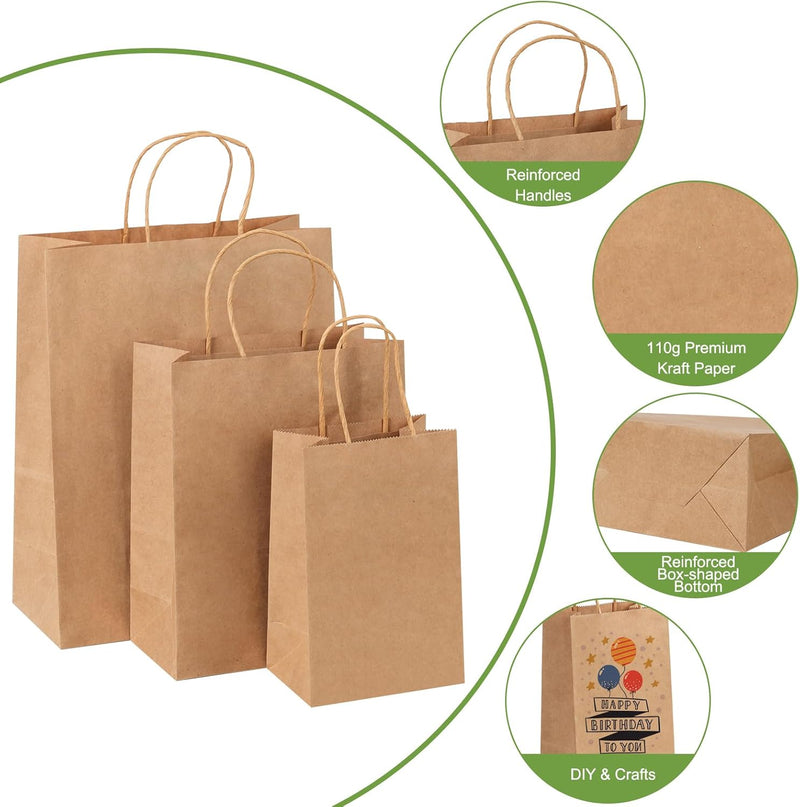 120pcs Paper Bags with Handles Assorted Sizes Kraft Brown Paper Gift Bags Bulk 3 Mixed Sizes for Retail, Party, Birthday, Gift, Shopping, Business, Merchandise