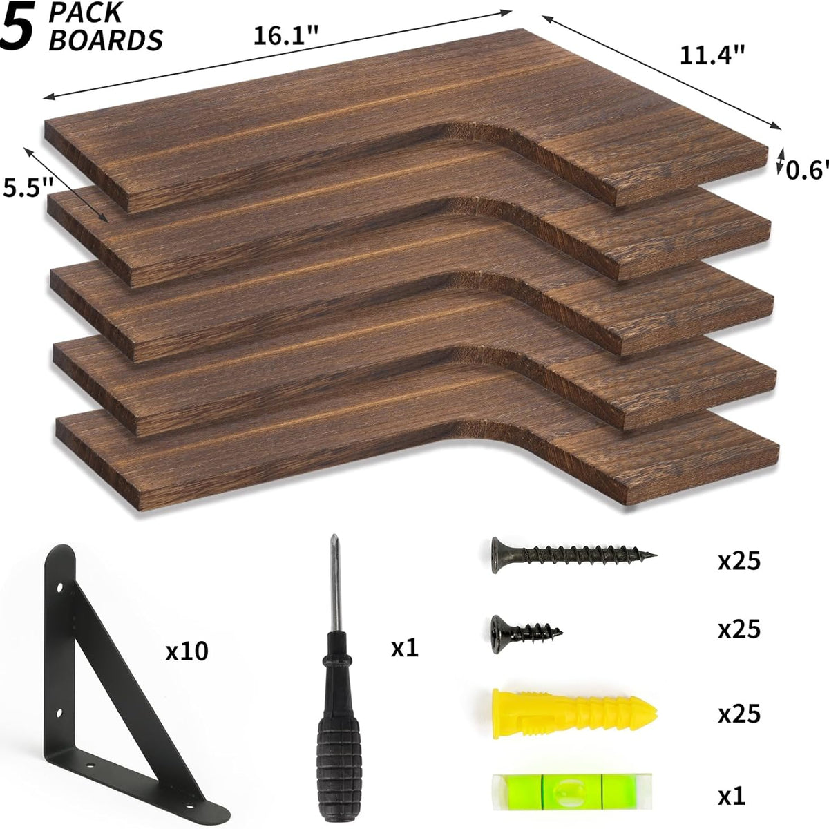Fixwal Corner Floating Shelves for Wall Set of 5, Rustic Wood Wall Mounted Shelf for Bathroom, Kitchen, Bedroom, Home Decor, Laundry Room, Living Room (Dark Carbonized Black)