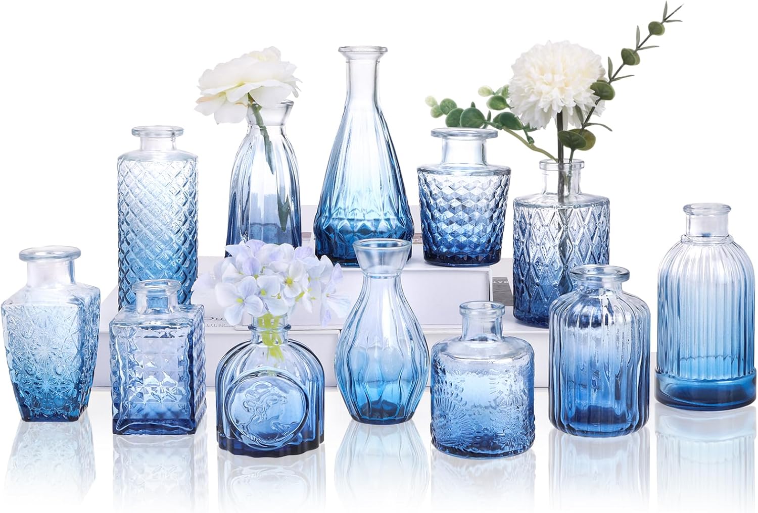 12 Pack Blue Glass Bud Vase Set, Small Vintage Vases for Centerpieces, Decorative Flower Vases for Wedding Home Table Decor