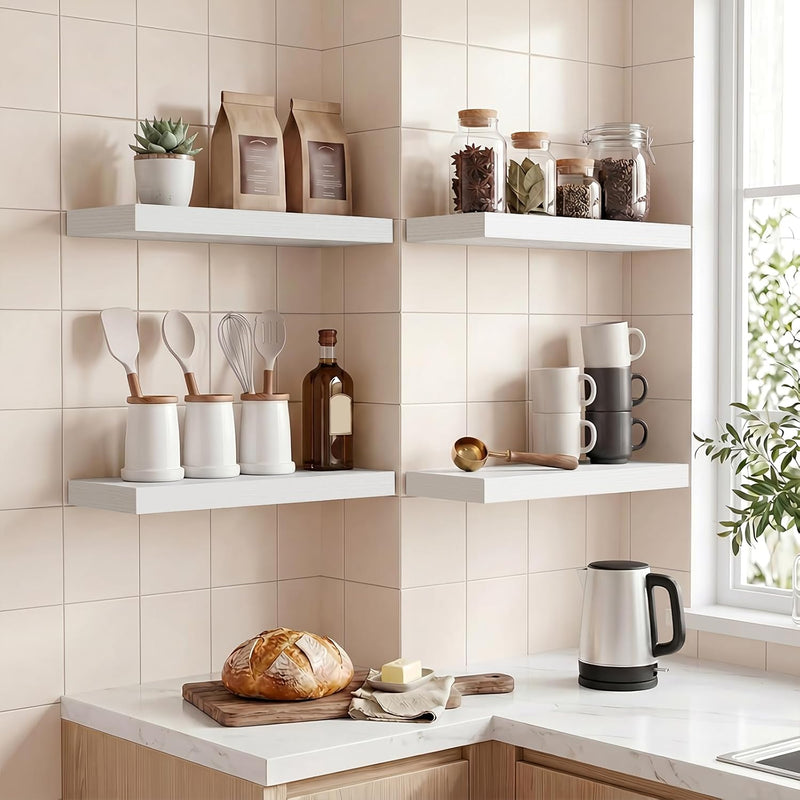 Fixwal White Shelves for Wall, 15.7in Rustic Wood Finish Floating Wall Shelves Set of 4, Shelves for Wall Decor, with Invisible Brackets for Bathroom, Living Room,Bedroom and Kitchen