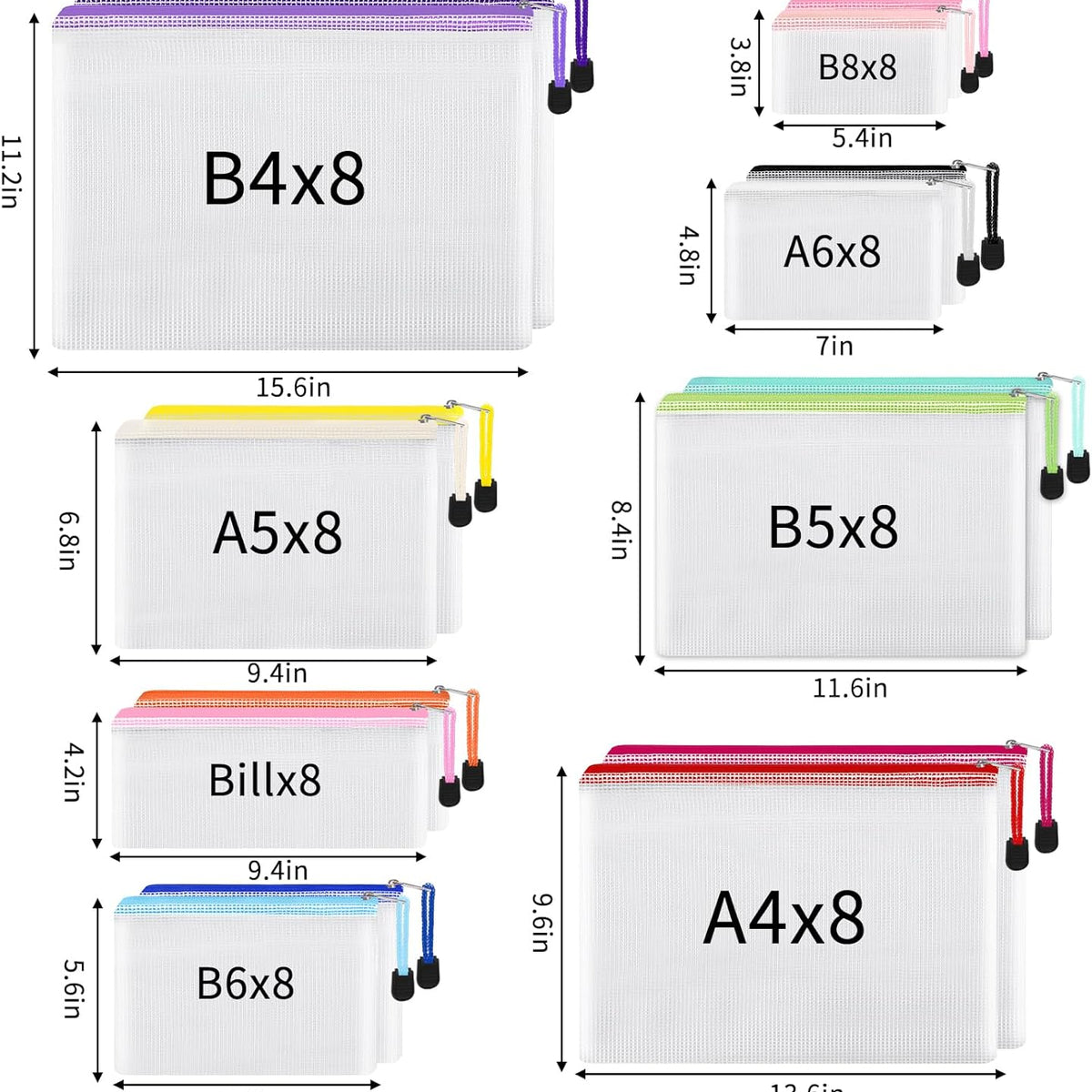 64pcs Mesh Zipper Pouch Bags, 8 Sizes Plastic Bags, 15 Colors Waterproof Pouches with Slide Fastener for Organization, Multipurpose for Travel, School Supplies, Office and Home Organization