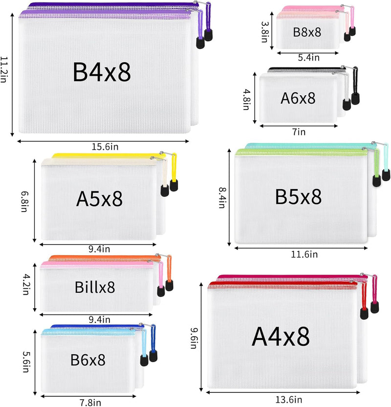 64pcs Mesh Zipper Pouch Bags, 8 Sizes Plastic Bags, 15 Colors Waterproof Pouches with Slide Fastener for Organization, Multipurpose for Travel, School Supplies, Office and Home Organization