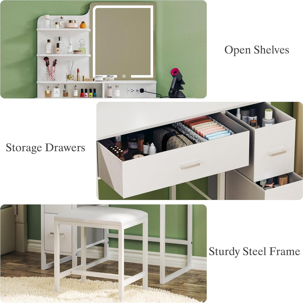 Makeup Vanity Desk with Mirror and Lights, 36.6" Small Makeup Vanity with 4 Fabric Storage Drawer & Chair & Shelves, White Vanity with Fold-up Panel and Power Outlet for Bedroom