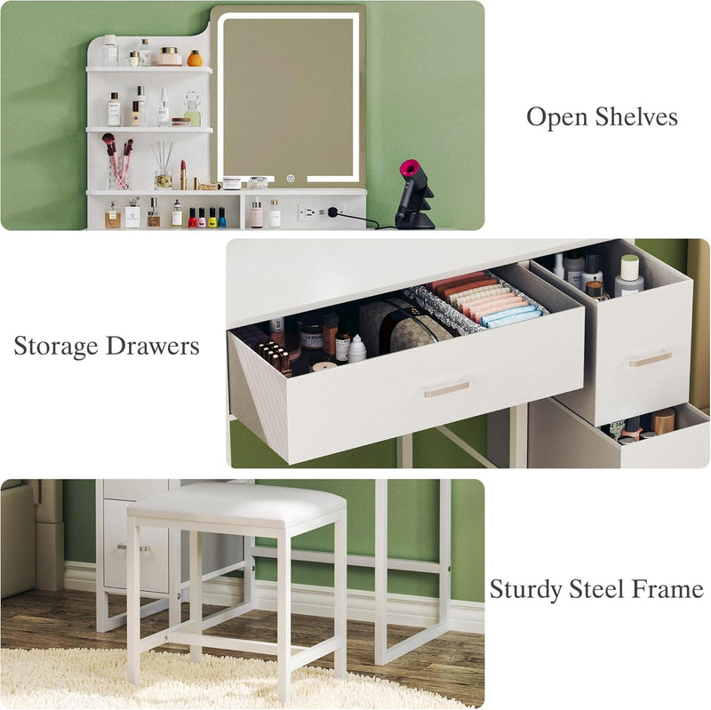 Makeup Vanity Desk with Mirror and Lights, 36.6" Small Makeup Vanity with 4 Fabric Storage Drawer & Chair & Shelves, White Vanity with Fold-up Panel and Power Outlet for Bedroom