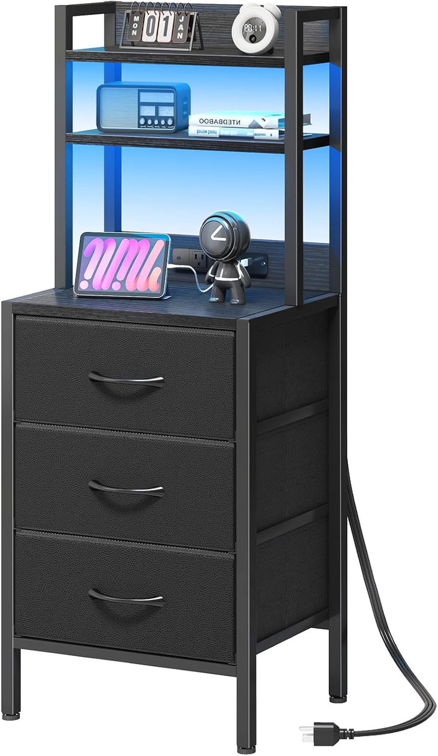 41 Inch Tall Nightstand with Charging Station, 3 Fabric Storage Drawers and Shelves, Led Night Stand with U-S-B Port & Socket, Bedroom Dorm Office, Bedside Table & Bookshelf in One, Black