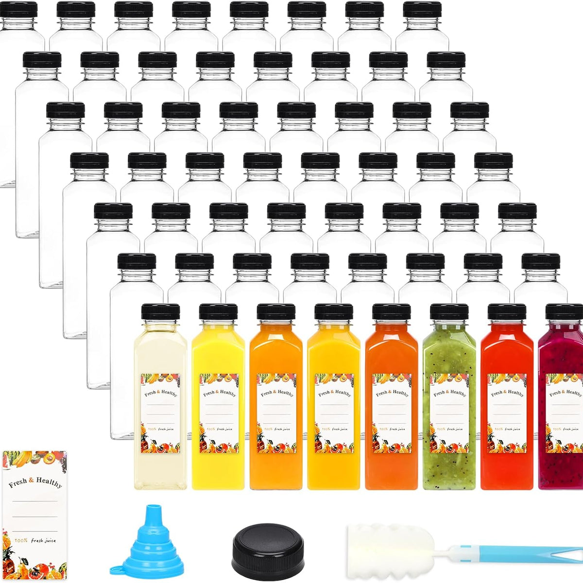 Moretoes 56pcs 16oz Plastic Juice Bottles with Caps, Clear Empty Containers with Brush Funnel and Labels for Coffee Smoothies Ginger and Other Beverages