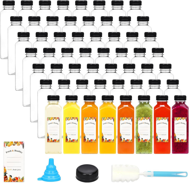 Moretoes 56pcs 16oz Plastic Juice Bottles with Caps, Clear Empty Containers with Brush Funnel and Labels for Coffee Smoothies Ginger and Other Beverages