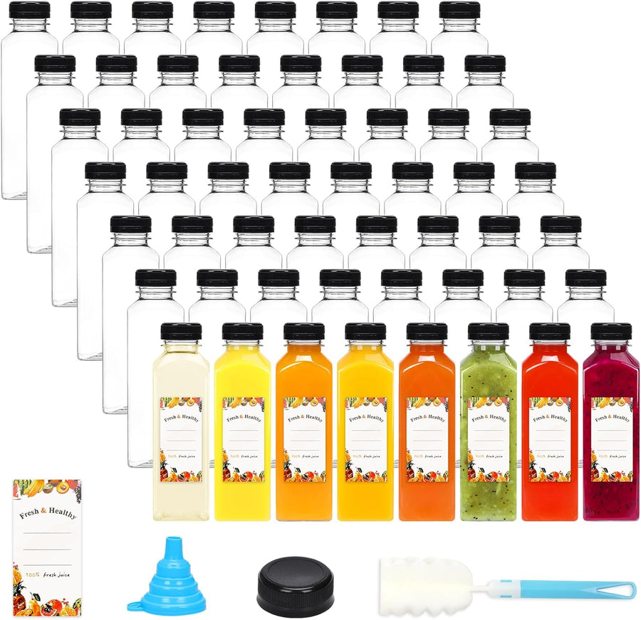 56pcs 16oz Plastic Juice Bottles with Caps, Clear Empty Containers with Brush Funnel and Labels for Coffee Smoothies Ginger and Other Beverages