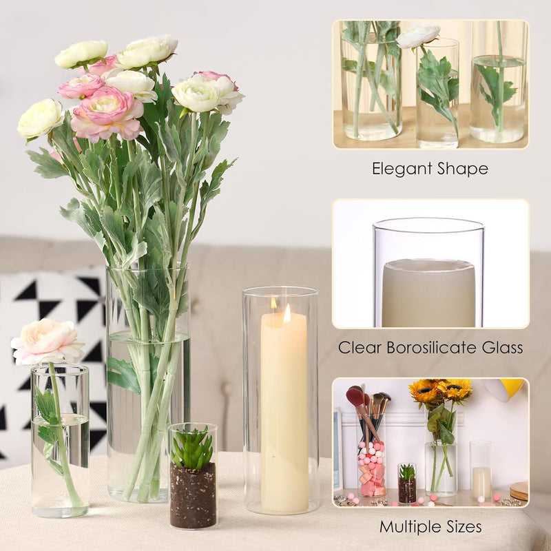 Fixwal 16pcs Clear Glass Cylinder Vases, 4, 6, 8, 10 Inch Tall Cylinder Vases for Centerpieces, Glass Flower Vase Floating Candle Holder Vase for Table Shelf, Party, Wedding, Home Decor