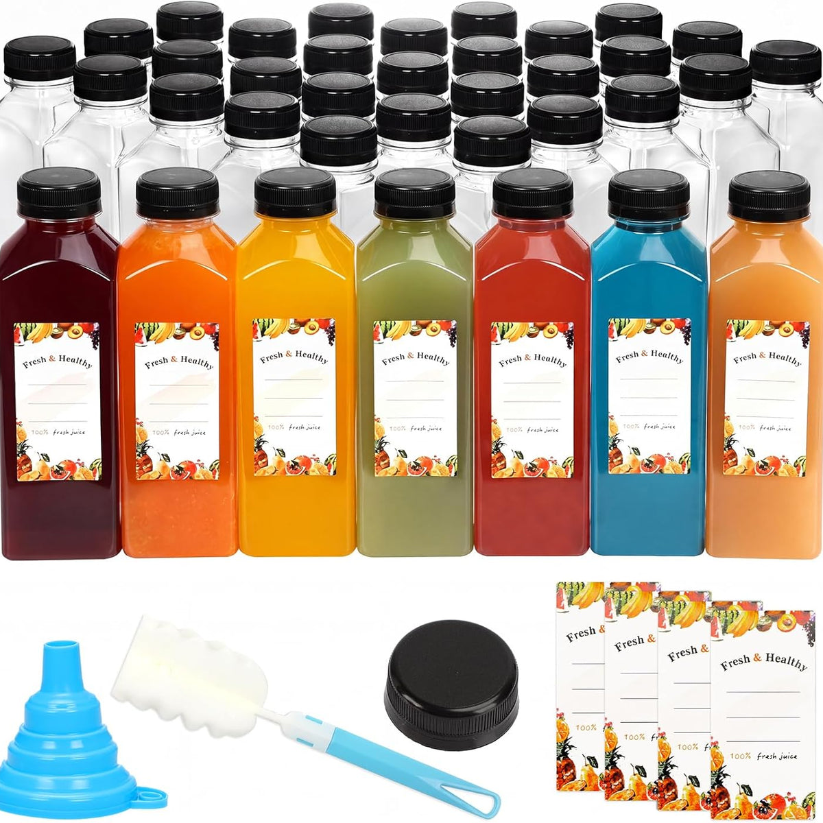 Moretoes 36pcs 16oz Juice Bottles, Plastic Bottles with Lids, Reusable Clear Containers for Juice, Smoothies, Cola, Water and Other Beverages