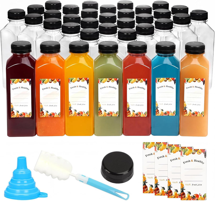 36pcs 16oz Juice Bottles, Plastic Bottles with Lids, Reusable Clear Containers for Juice, Smoothies, Cola, Water and Other Beverages