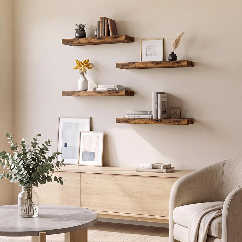 Fixwal Wood Floating Shelves, Wall Shelves Set of 4, Shelves for Wall Decor, with Invisible Brackets for Bathroom, Living Room,Bedroom and Kitchen(15.7in, Rustic Brown)