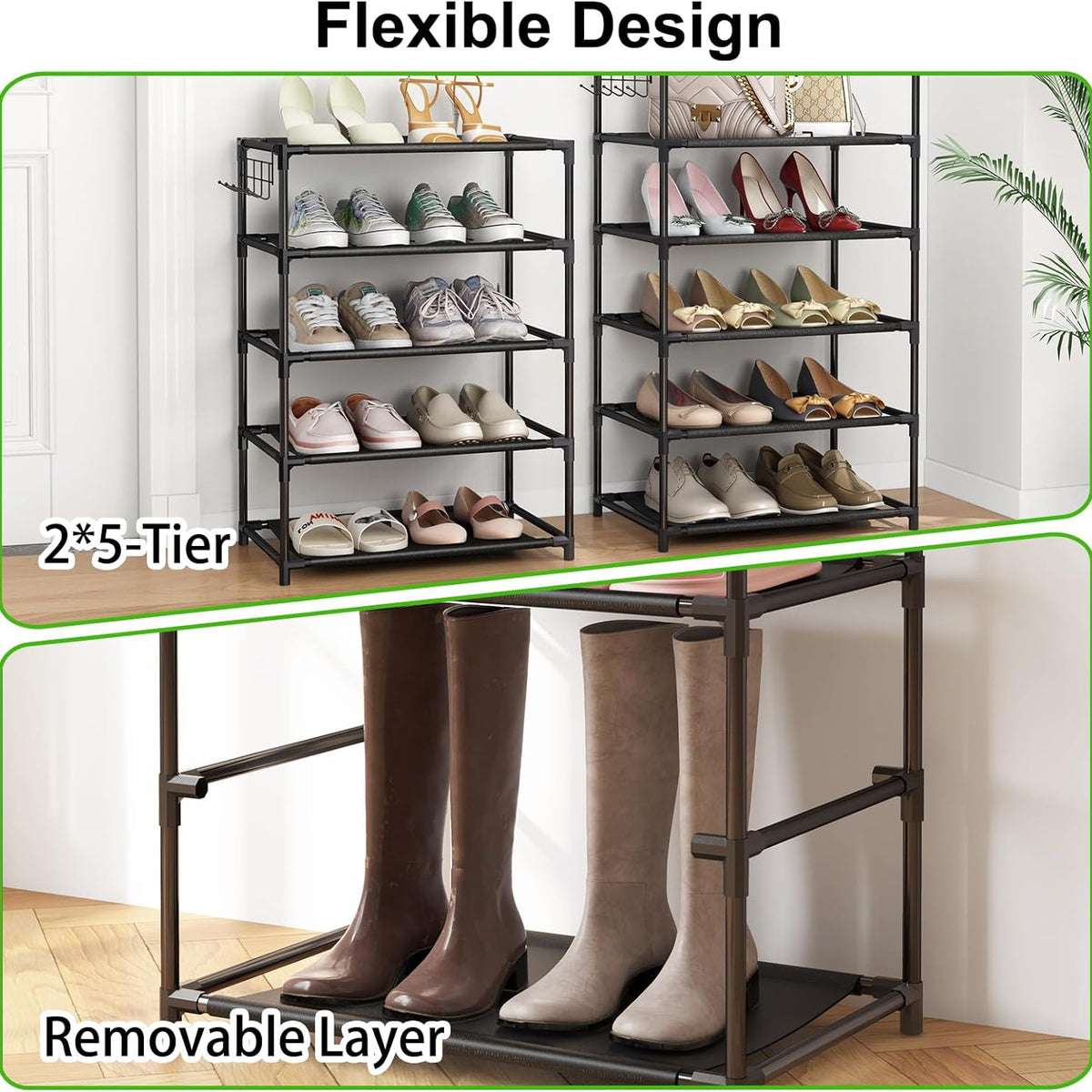 Fixwal 10-Tier Multifunctional Shoe Rack: Modern, Space-Saving, Easy Assembly, 20-24 Pairs of Shoes & Boots, Sturdy & Waterproof, 17"L x 10.6"W x 68"H, Living Room, Bedroom, Hallway, Closet