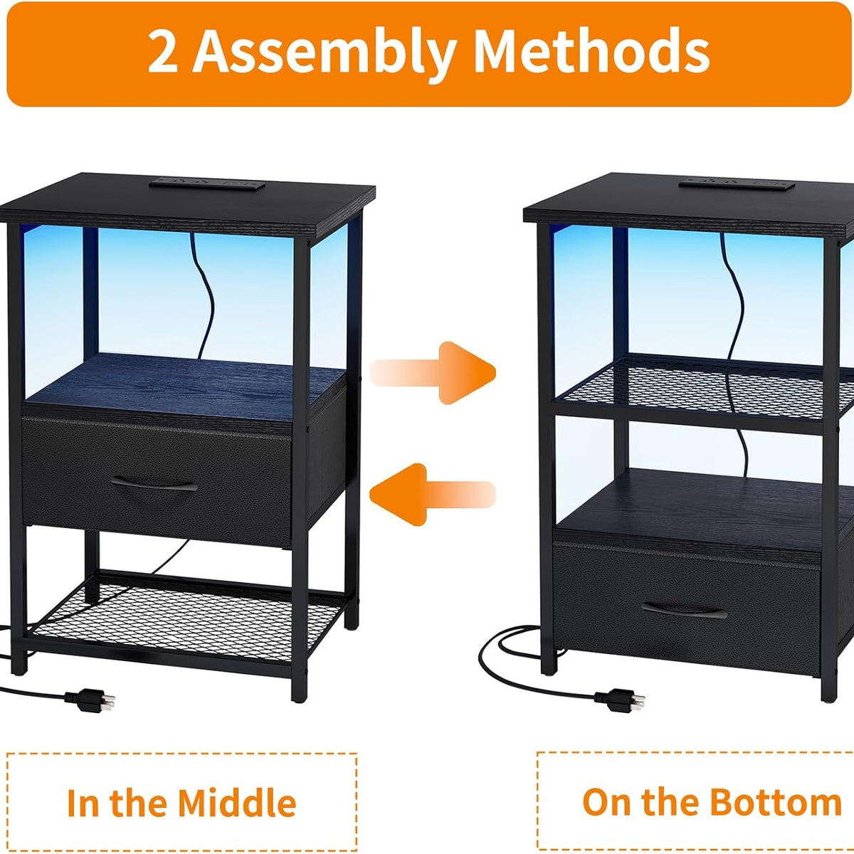 Fixwal Night Stand Set of 2 with Charging Station, LED Nightstand with Fabric Drawers, End Table with PU Finish, Bed Side Table, Black