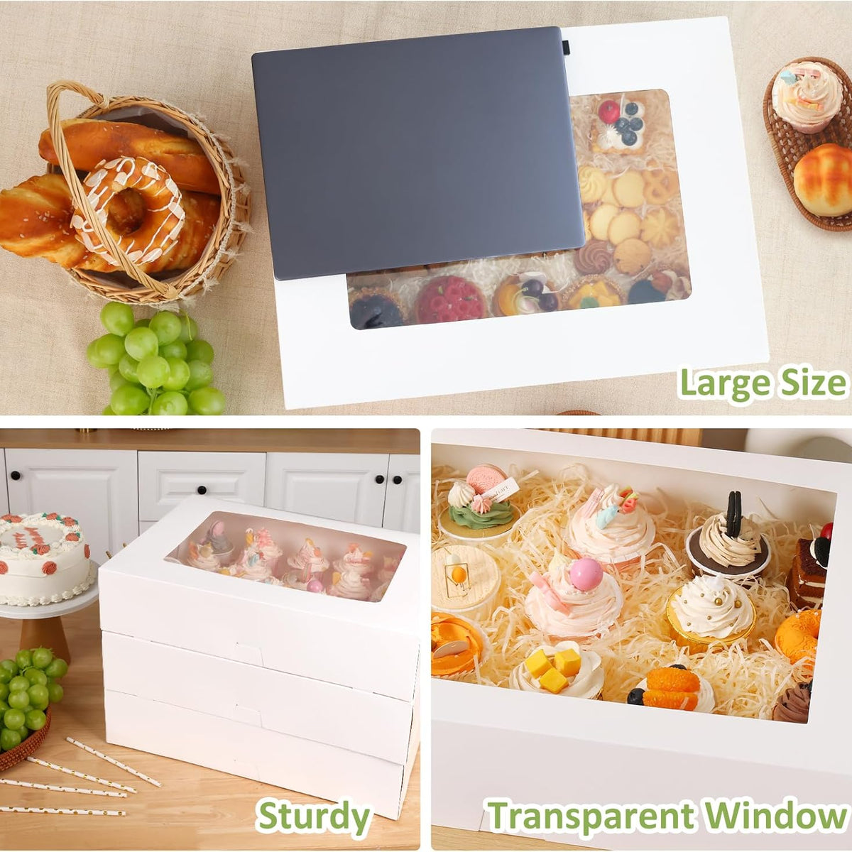Moretoes 10pcs 19x14x4in Half Sheet Cake Boxes with Window, White Cookie Boxes, for Pastry Baking Cake Donuts Cupcake Pie Packaging, Auto-Popup