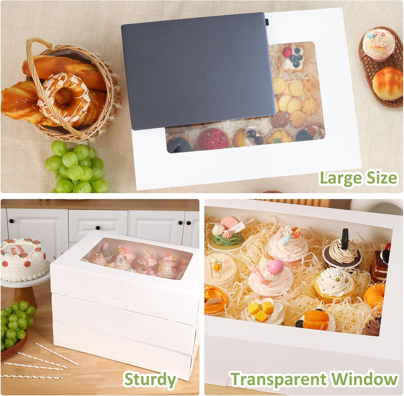 Moretoes 10pcs 19x14x4in Half Sheet Cake Boxes with Window, White Cookie Boxes, for Pastry Baking Cake Donuts Cupcake Pie Packaging, Auto-Popup