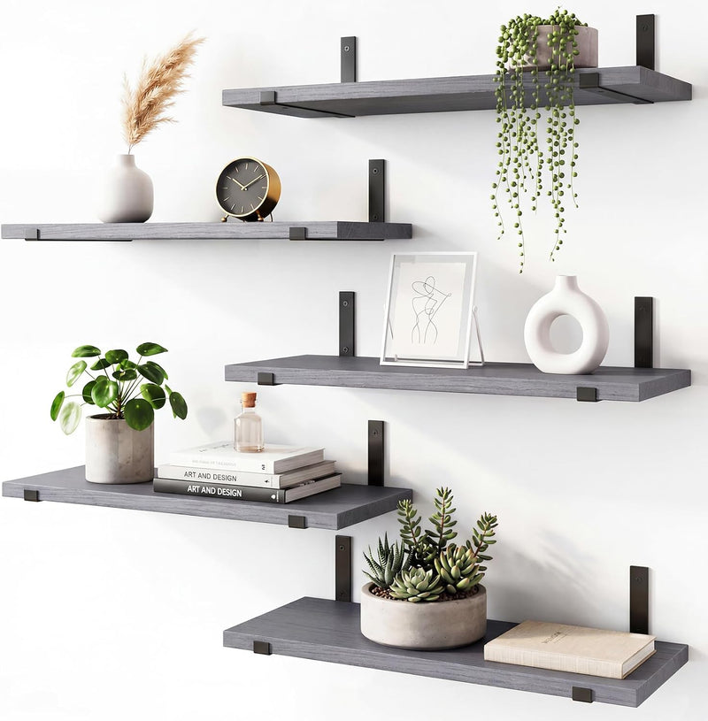 Fixwal Wall Shelves for Bedroom Set of 5, Width 4.75 Inches Floating Shelves, Rustic Wood Wall Storage Shelves for Bedroom, Living Room, Kitchen, Bathroom (Grey)