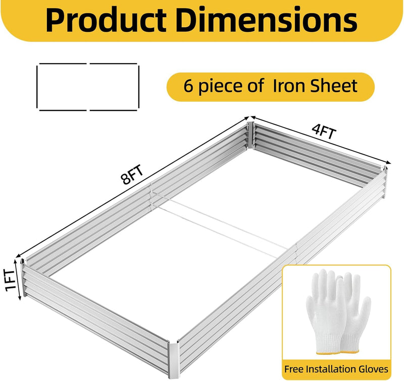 8x4x1ft Galvanized Raised Garden Beds, Thickened Metal Planter Box for Outdoor Vegetables & Flowers, Silver Large Garden Bed Kit, 96" L x 48" W x 12" H