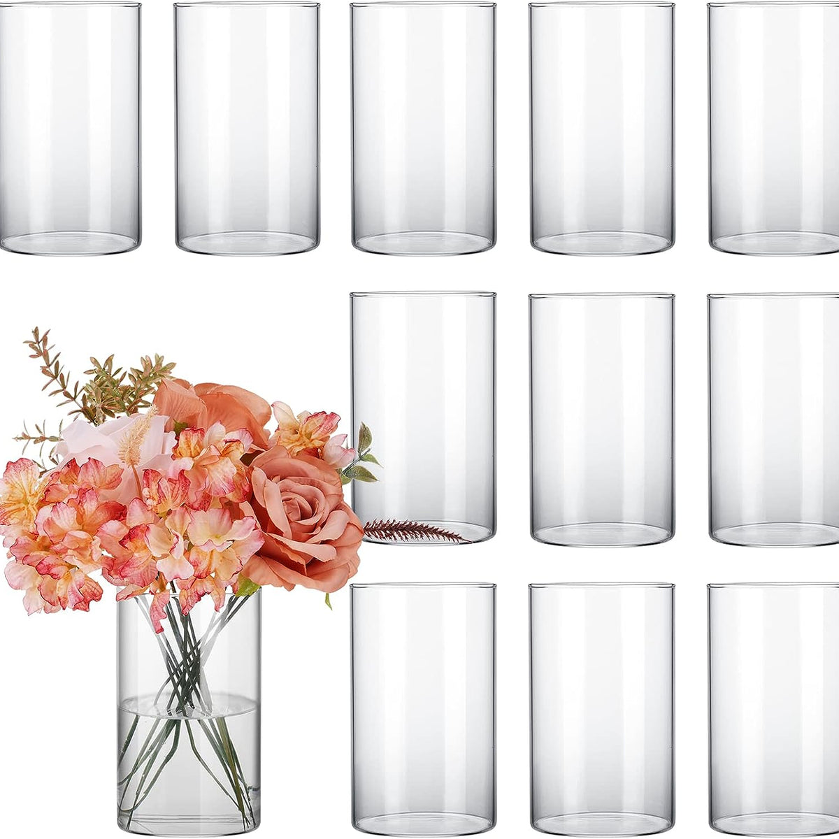12pcs Glass Cylinder Vases for Centerpieces, Flower Vases Wedding Decorations, 6 Inch Tall Glass Candle Holder for Table Shelf, Floral Vase Bulk for Home Decor