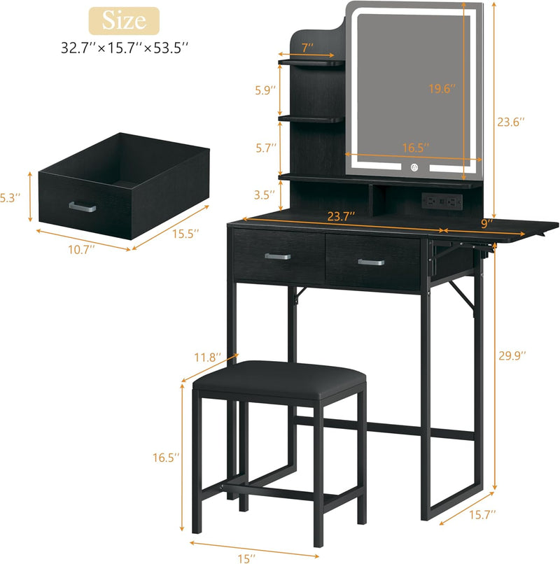 Makeup Vanity Desk with Mirror and Lights, Small Vanity with Fabric Storage Drawer & Chair & Shelves, Vanity with Fold-up Panel and Power Outlet for Bedroom