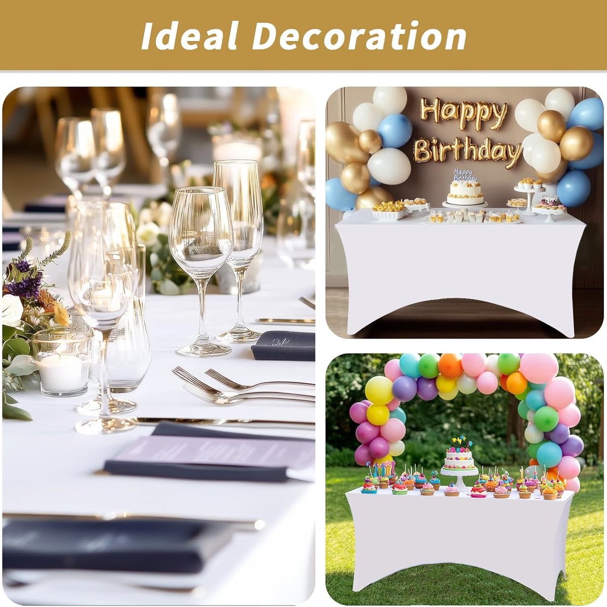 Fixwal 3 Pack White Table Cloths Rectangle 6FT, Tablecloths Rectangular Stretch Spandex Fitted Table Covers 6FT for Party, Trade Show, Banquet, Wedding, Buffet, Graduation Decoration