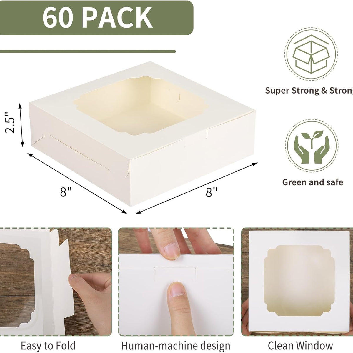 60pcs Cookie Boxes, 8x8x2.5 Inches Bakery Boxes with 2 Style Windows for Chocolate Strawberries, Pie, Pastry, Dessert, Cake, Birthday Party, Mother's Day, Weddings