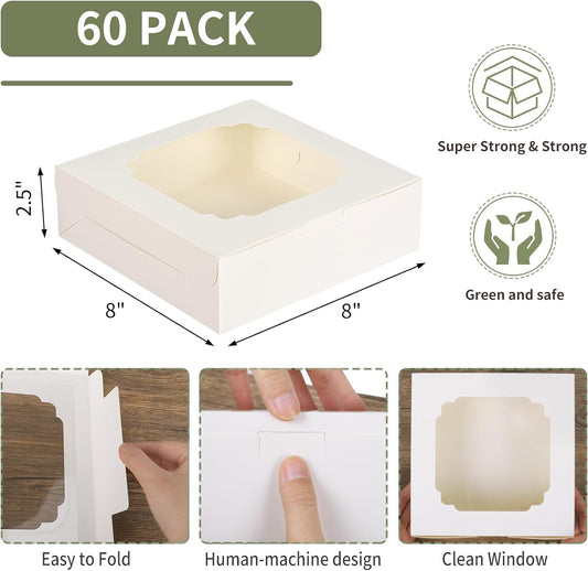 60pcs Cookie Boxes, 8x8x2.5 Inches Bakery Boxes with 2 Style Windows for Chocolate Strawberries, Pie, Pastry, Dessert, Cake, Birthday Party, Mother's Day, Weddings