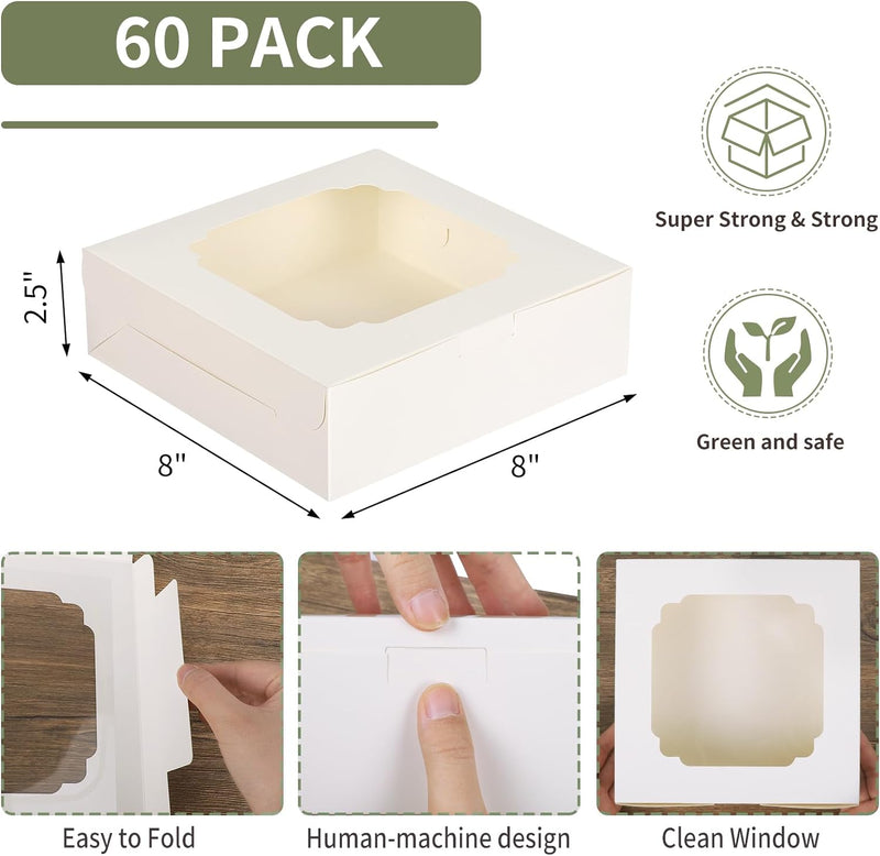 60pcs Cookie Boxes, 8x8x2.5 Inches Bakery Boxes with 2 Style Windows for Chocolate Strawberries, Pie, Pastry, Dessert, Cake, Birthday Party, Mother's Day, Weddings