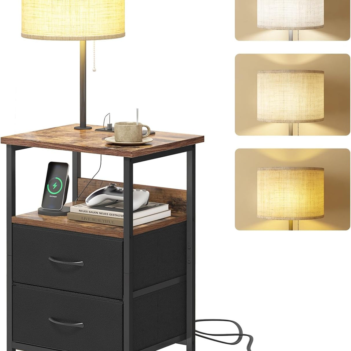 Fixwal Bedside Table with 3 Color Temperature Reading Light, Nightstand with LED Light & Charging Station End Table with Adjustable Fabric Drawer for Bedroom, Dorm, Rustic Brown