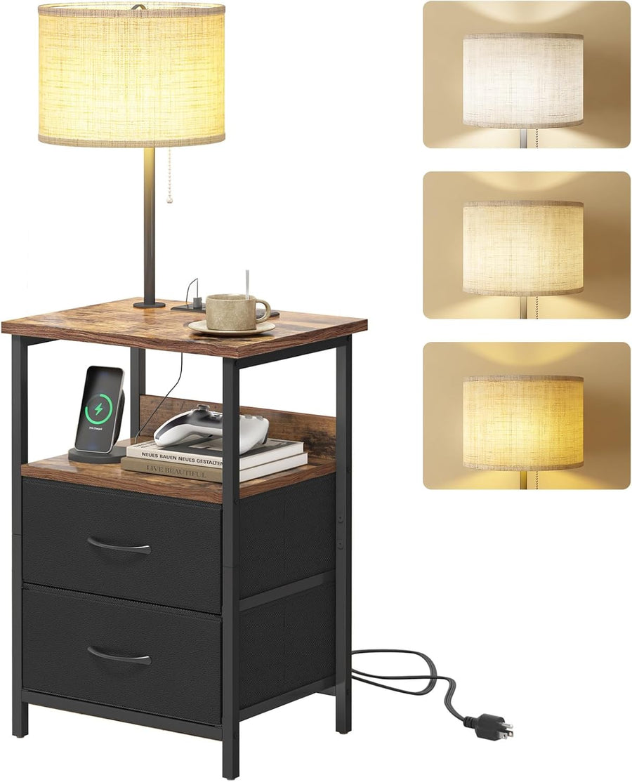Bedside Table with 3 Color Temperature Reading Light, Nightstand with LED Light & Charging Station End Table with Adjustable Fabric Drawer for Bedroom, Dorm, Rustic Brown