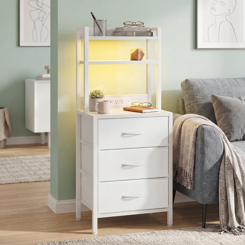 Fixwal Tall Nightstand with Charging Station, 41 Inch Led Night Stand with U-S-B Port & Socket, 3 PU Finished Fabric Storage Drawers, Office, Bed Side Table & Bookshelf in One, White