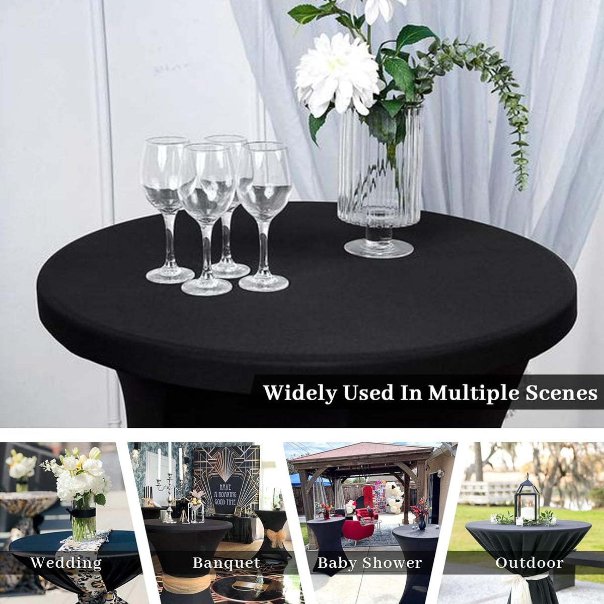 Fixwal Cocktail Tablecloth, Bar Top Table Covers 2 Pack 32x43 Black High Table Cloths Round Table Cover, Spandex Stretch Table Cloth for Pub, Party, Wedding