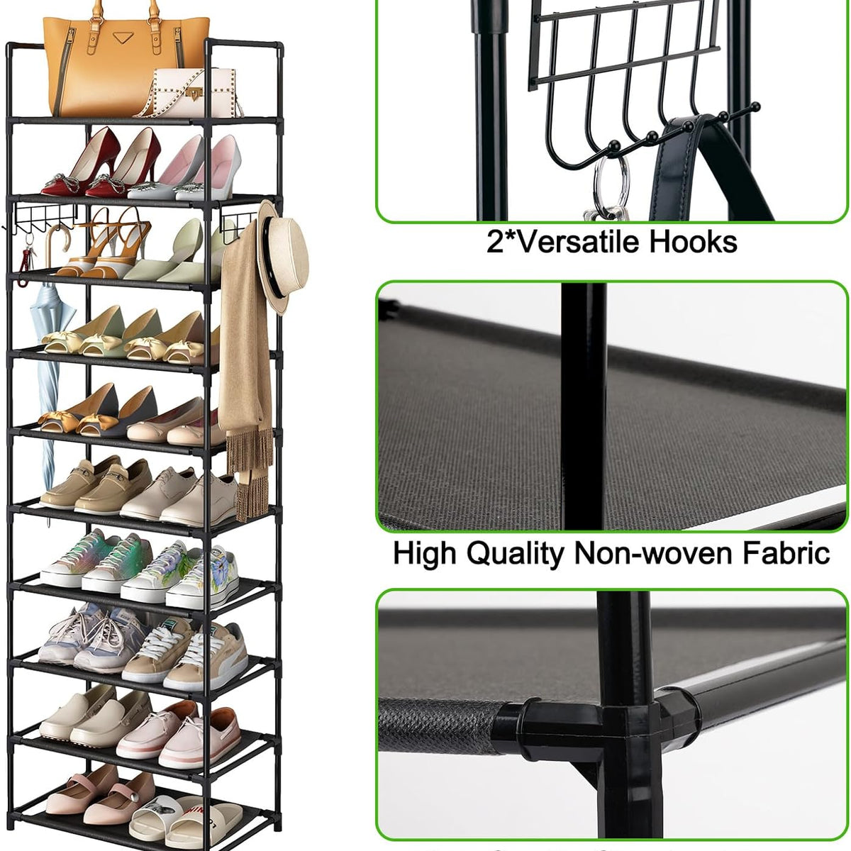 Fixwal 10-Tier Multifunctional Shoe Rack: Modern, Space-Saving, Easy Assembly, 20-24 Pairs of Shoes & Boots, Sturdy & Waterproof, 17"L x 10.6"W x 68"H, Living Room, Bedroom, Hallway, Closet