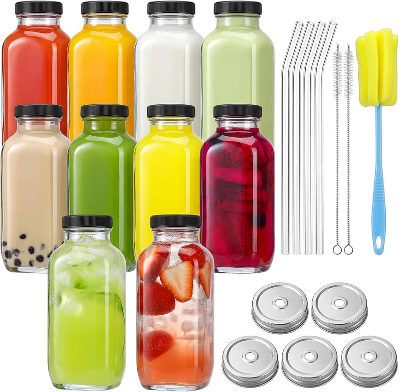 10pcs 16oz Glass Juice Bottles with Lids, Reusable Juice Containers Drinking Jars Water Cups with Brush, Glass Straws, Lids with Hole