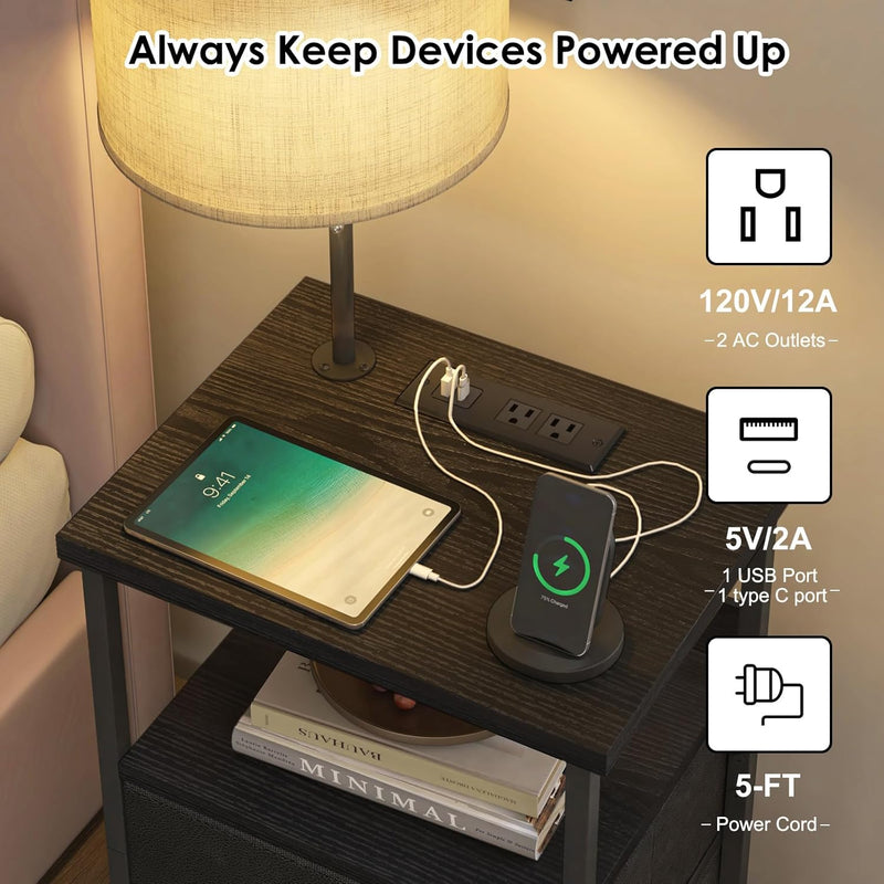 Fixwal Bedside Table with 3 Color Temperature Reading Light, Nightstand with LED Light & Charging Station End Table with Adjustable Fabric Drawer for Bedroom, Dorm, Black