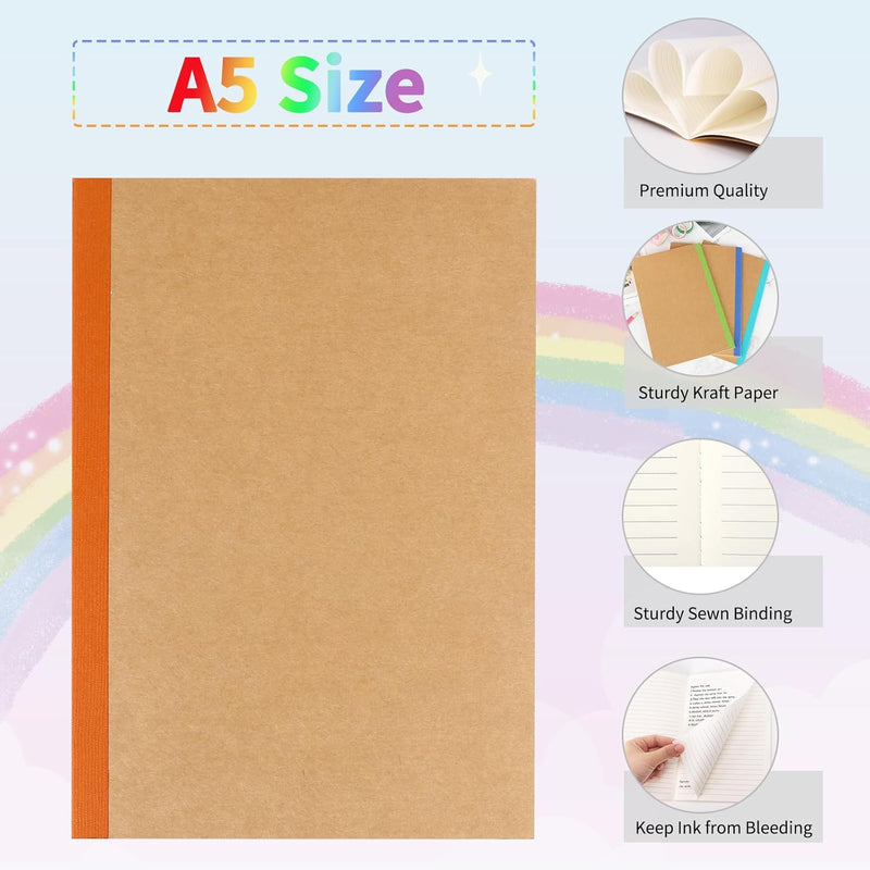 20 Pack A5 Kraft Notebooks, Lined Journal Bulk with Rainbow Spine, 10 Colors, 60 Pages Soft Cover Composition Notebooks for Women Girls Kids, School Office Supplies