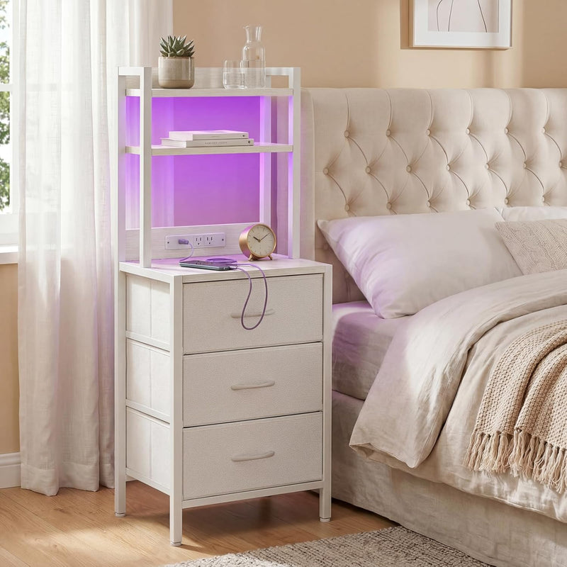 Fixwal Tall Nightstand with Charging Station, 41 Inch Led Night Stand with U-S-B Port & Socket, 3 PU Finished Fabric Storage Drawers, Office, Bed Side Table & Bookshelf in One, White