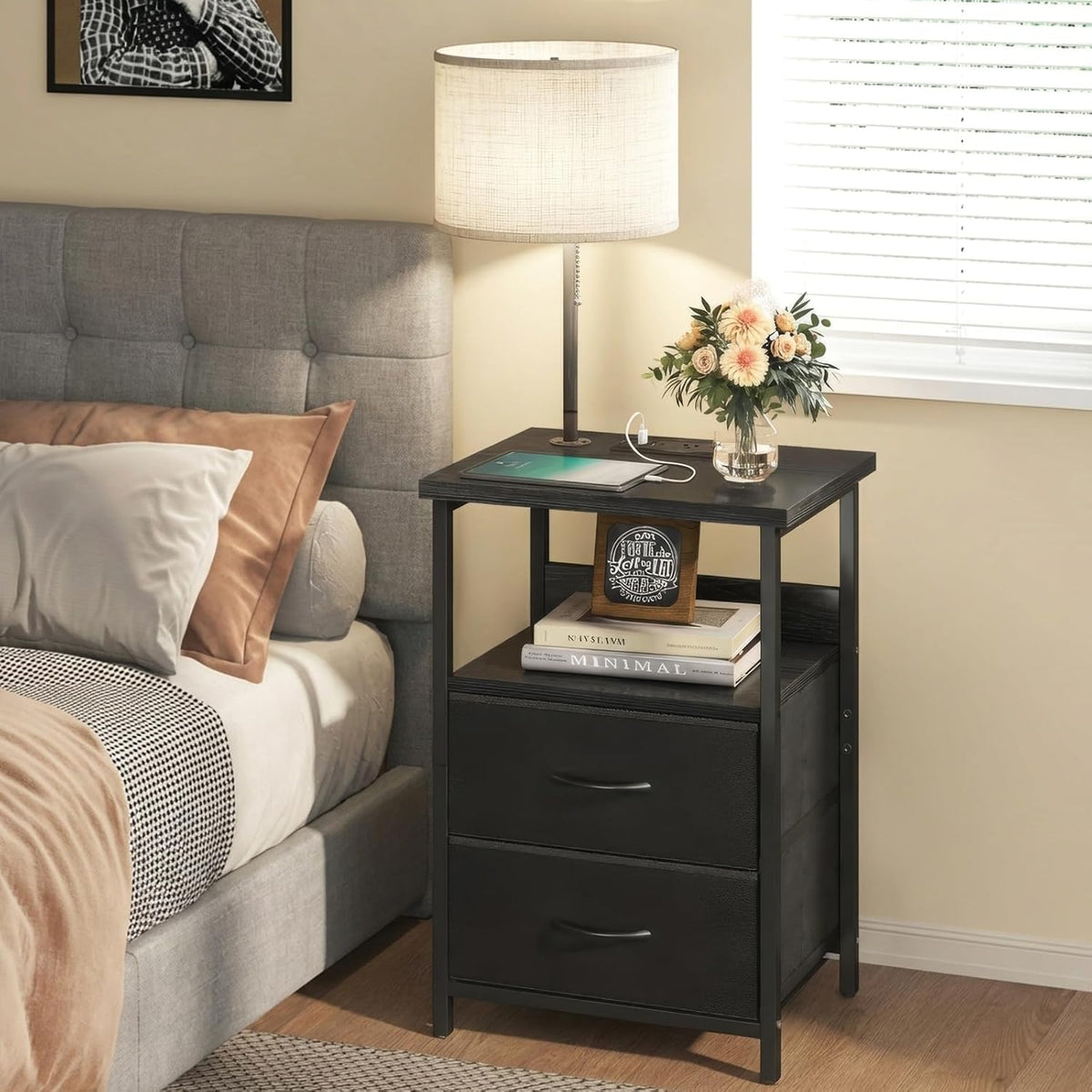 Fixwal Bedside Table with 3 Color Temperature Reading Light, Nightstand with LED Light & Charging Station End Table with Adjustable Fabric Drawer for Bedroom, Dorm, Black